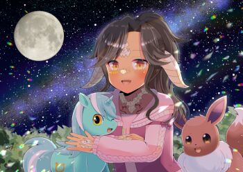 1girl :d au_ra black_hair blush brown_eyes commentary_request commission crossover eevee final_fantasy final_fantasy_xiv freckles full_moon gen_1_pokemon horns jacket kou_hiyoyo long_hair long_sleeves looking_at_viewer lyra_heartstrings moon multiple_crossover my_little_pony my_little_pony:_friendship_is_magic night night_sky nintendo open_clothes open_jacket open_mouth outdoors pink_shirt pokemon pokemon_(creature) puffy_long_sleeves puffy_sleeves purple_jacket scales shirt skeb_commission sky smile star_(sky) starry_sky unicorn upper_body warrior_of_light_(ff14)