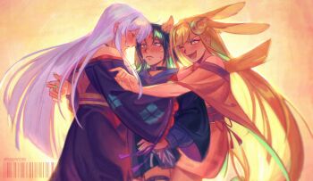 Rule 34 | > o, 3girls, absurdres, animal ears, barcode, blonde hair, blue hoodie, blush, cho kaguya-hime!, closed eyes, closed mouth, commentary, crescent, crescent hair ornament, dead finch, english commentary, girl sandwich, green eyes, green nails, hair ornament, highres, hood, hoodie, hug, japanese clothes, kaguya (cho kaguya-hime!), kimono, long hair, multiple girls, off shoulder, one eye closed, open mouth, purple hair, purple kimono, rabbit ears, red kimono, red nails, runami yachiyo, sakayori iroha, sandwiched, short hair, smile, sweat, thigh strap, yuri