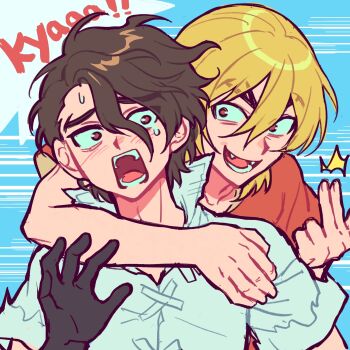 2boys arm_around_shoulder black_gloves blonde_hair blue_background blush brown_eyes brown_hair dr._stone english_text fangs gloves hair_between_eyes highres hug hug_from_behind kanmi_(kanmiland) looking_at_another male_focus middle_finger motion_lines multiple_boys nanami_ryuusui nanami_sai open_mouth orange_shirt red_shirt scared shirt short_hair short_sleeves smile speech_bubble surprised sweatdrop tears teeth thick_eyebrows upper_body yaoi