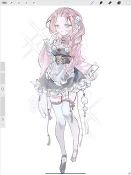 1girl absurdres apron art_program_in_frame black_dress black_shoes blue_eyes braid breasts changmingsuo chinese_clothes chinese_commentary cleavage commentary_request commission curtained_hair dress finger_to_cheek frilled_apron frilled_dress frilled_sleeves frilled_thighhighs frills full_body gold_trim hair_ornament hair_ribbon highres liningne long_sleeves maid mary_janes original parted_bangs parted_lips pink_hair pink_shrug procreate_(medium) procreate_(software) qi_maid red_ribbon ribbon shoes short_dress shrug_(clothing) side_braid simple_background single_braid solo sparkle tassel thighhighs waist_apron white_apron white_background white_thighhighs