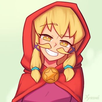 Rule 34 | 1girl, a hat in time, artist name, blonde facial hair, blonde hair, capelet, commentary, english commentary, facial hair, green background, grin, head tilt, highres, hood, hood up, hooded capelet, long hair, looking at viewer, medallion, mustache, mustache girl, pink shirt, portrait, red capelet, shirt, smile, solo, star (symbol), teeth, xyronii, yellow eyes
