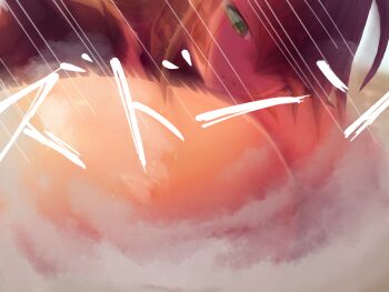 1girl breasts dust dust_cloud expressionless female_focus giant giantess gigantic_breasts green_eyes ituki_gi mon-musu_quest! motion_lines scar solo