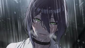 1girl black_choker black_hair chainsaw_man choker commentary_request green_eyes hair_between_eyes kimblue korean_commentary looking_at_viewer night outdoors rain reze_(chainsaw_man) shirt sleeveless sleeveless_shirt solo wet white_shirt