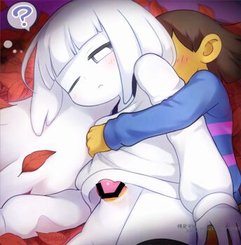 1boy 1girl ;< ? bar_censor black_eyes black_thighhighs blue_shirt blunt_bangs bottomless bright_pupils brown_hair censored closed_mouth colored_skin commentary_request cowboy_shot frisk_(undertale) genderswap genderswap_(otf) genderswap_(otm) ghost ghost_girl hair_behind_ear hair_spread_out in-universe_location leaf long_hair long_sleeves lying napstablook on_side one_eye_closed penis personification pink_shirt puffy_long_sleeves puffy_sleeves sex sex_from_behind shirt spoken_question_mark striped_clothes striped_shirt thighhighs two-tone_shirt undertale utdr_(toby_fox) vignetting white_hair white_pupils white_shirt white_skin yellow_skin zonu_the_zombie