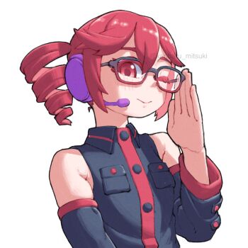 1girl bare_shoulders bespectacled breast_pocket buttons closed_mouth collared_shirt detached_sleeves drill_hair glasses grey_shirt hand_up headset highres kanbaru_mitsuki kasane_teto kasane_teto_(utau) long_sleeves looking_at_viewer one_eye_closed pocket red_eyes red_hair shirt simple_background solo twin_drills upper_body utau white_background