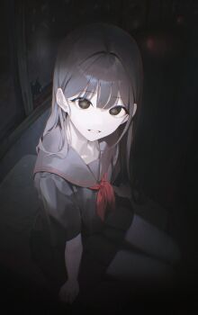 Rule 34 | 1girl, arm support, black eyes, black hair, black sailor collar, black serafuku, black shirt, black skirt, broken window, brown eyes, commentary, dark, desk, empty eyes, english commentary, film grain, grin, hair between eyes, highres, indoors, long hair, looking at viewer, neckerchief, on desk, original, pleated skirt, red neckerchief, sailor collar, school desk, school uniform, serafuku, shiina 1001, shirt, short sleeves, sitting, skirt, smile, solo, window