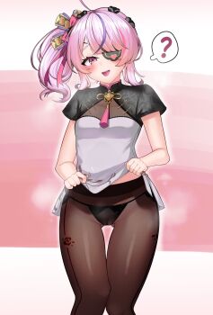 1girl :d ? ahoge black_panties black_pantyhose bow chinese_clothes clothes_lift commentary_request cowboy_shot eyepatch floral_print highres karin_(a62826704) looking_at_viewer maria_marionette medium_hair multicolored_hair neck_tassel nijisanji nijisanji_en open_mouth panties pantyhose pink_bow pink_eyes pink_hair pink_ribbon purple_hair ribbon shirt_lift short_sleeves side-tie_panties side_ponytail smile solo speech_bubble steaming_body streaked_hair tassel underwear