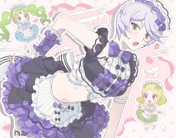 3girls :d apron bikini blonde_hair breasts center_frills chibi commentary_request crop_top falulu falulu_(awakened) frilled_cuffs frilled_skirt frills green_eyes green_hair grey_hair highres idol_clothes large_breasts leaning_forward long_hair looking_at_another looking_at_viewer maid maid_bikini maid_headdress midorikaze_fuwari multiple_girls navel open_mouth pink_background poteto_(mochimochinc) pretty_series pripara purple_skirt shikyoin_hibiki short_hair skirt smile solo_focus standing summer_maid_coord sweatdrop swimsuit unconventional_maid waist_apron white_apron wrist_cuffs
