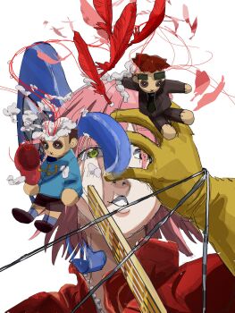 Rule 34 | amarao, button eyes, buttons, doll, electric guitar, feathers, flcl, gloves, guitar, hair between eyes, haruhara haruko, highres, instrument, nandaba naota, pink hair, pink punk ponk, short hair, string, yellow eyes, yellow gloves
