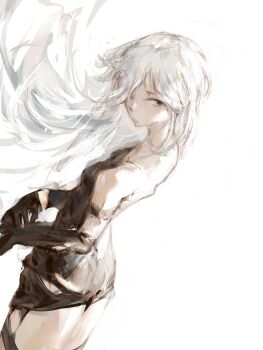 1girl a2_(nier:automata) absurdres android bare_shoulders black_eyes black_gloves closed_mouth eynv floating_hair gloves highres long_hair looking_at_viewer nier:automata nier_(series) simple_background solo standing white_background white_hair