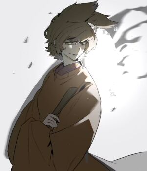 1girl alternate_costume bags_under_eyes black_kimono blonde_hair closed_mouth cowboy_shot crossed_arms debris detached_sleeves floating_clothes floating_hair hair_between_eyes hair_ears highres holding holding_rod japanese_clothes kariginu kimono layered_kimono layered_sleeves lips long_sleeves looking_to_the_side orange_kimono orange_sleeves perro090119 rod sad short_hair simple_background solo touhou toyosatomimi_no_miko white_background wide_sleeves wind yellow_eyes