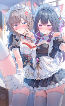 2girls absurdres alternate_costume anger_vein animal_ears animal_hands apron asymmetrical_docking black_dress black_hair blue_eyes blush breast_press breasts cat_ears cleavage columbina_(genshin_impact) commentary_request covering_crotch covering_privates dress enmaided genshin_impact gloves hair_intakes highres indoors large_breasts maid maid_headdress medium_breasts multiple_girls paw_gloves paw_pose pekokota puffy_short_sleeves puffy_sleeves purple_eyes purple_hair sandrone_(genshin_impact) short_dress short_sleeves single_paw_glove sweatdrop thighhighs translation_request waist_apron wavy_mouth white_thighhighs yuri
