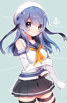 Rule 34 | 1girl, anchor symbol, blue eyes, blue hair, blue sailor collar, breasts, diagonal-striped background, elbow gloves, gloves, hair bun, hat, kantai collection, long hair, looking at viewer, medium breasts, natsumi (natumi06), neckerchief, pleated skirt, sailor collar, school uniform, serafuku, skirt, sleeveless, smile, solo, striped background, thigh strap, urakaze (kancolle), white gloves, white hat, yellow neckerchief
