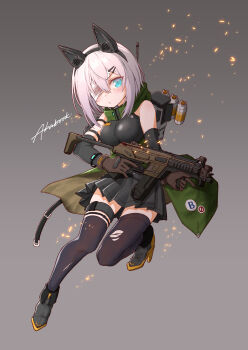 1girl action_pose animal_ear_headphones animal_ears antennae arm_warmers ars_almal assault_rifle backpack bag bare_shoulders black_arm_warmers black_shirt black_skirt black_thighhighs blue_eyes blush boots breasts brown_gloves cape cat_ears character_name fake_animal_ears full_body gloves green_cape grey_background gun hair_ornament hairclip headphones highres holding holding_gun holding_weapon hood hood_down large_breasts leg_up looking_at_viewer mechanical_boots mechanical_ears nijisanji parallel_hairclips pleated_skirt poncho rifle shirt short_hair simple_background skirt sleeveless sleeveless_shirt solo sparks tatami_kami thighhighs torn_clothes torn_thighhighs virtual_youtuber weapon white_hair
