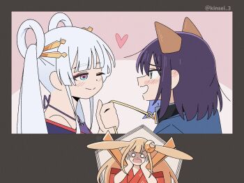 3girls animal_ears bare_shoulders blonde_hair blue_eyes blush cho_kaguya-hime! collar commentary_request crescent crescent_hair_ornament ear_blush fox_ears green_eyes hair_ornament hair_rings heart holding holding_leash japanese_clothes kaguya_(cho_kaguya-hime!) kimono kinsei_3 leash long_hair looking_at_another multicolored_eyes multiple_girls one_eye_closed purple_eyes purple_hair rabbit_ears red_kimono runami_yachiyo sakayori_iroha short_hair smile twintails two-tone_eyes white_hair yuri