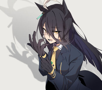 1girl :d ahoge animal_ears black_choker black_coat black_gloves black_hair black_shirt black_skirt blunt_bangs choker coat collared_shirt commentary earrings eri_(erikiri) gloves hair_between_eyes hand_up highres horse_ears horse_girl jewelry long_bangs long_hair long_sleeves looking_at_viewer manhattan_cafe_(creeping_shadow)_(umamusume) manhattan_cafe_(umamusume) necktie open_mouth shadow shirt simple_background single_earring skirt smile solo star_(symbol) star_print umamusume very_long_hair white_background white_hair yellow_eyes yellow_necktie