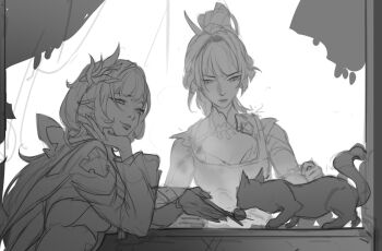 Rule 34 | 2girls, breasts, cat, commentary, crmnlmlfhntr, elf, elysia (honkai impact), elysia (miss pink elf) (honkai impact), english commentary, feeding animal, greyscale, hair ornament, highres, honkai (series), honkai impact 3rd, large breasts, long hair, monochrome, multiple girls, pointy ears, raiden mei, raiden mei (danzai spectramancer), shrug (clothing), smile, very long hair