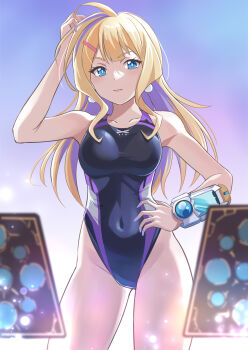 1girl ahoge black_one-piece_swimsuit blonde_hair blue_eyes blue_hair card commentary_request commission competition_swimsuit contrapposto covered_navel cowboy_shot earrings highleg highleg_one-piece_swimsuit highres jewelry long_bangs long_hair looking_at_viewer multicolored_hair nikulas_cage one-piece_swimsuit pixiv_commission shadowverse_flame solo streaked_hair swimsuit takanashi_tsubasa_(shadowverse_flame)