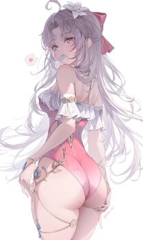 1girl absurdres ahoge aqua_eyes ass back_cutout bare_shoulders bow breasts carlotta_(splashing_summer)_(wuthering_waves) carlotta_(wuthering_waves) casual_one-piece_swimsuit closed_mouth clothing_cutout commentary_request condom condom_wrapper flower frilled_one-piece_swimsuit frills from_behind grey_hair hair_bow hair_flower hair_ornament heart hibiki-147 highres long_hair looking_at_viewer medium_breasts mouth_hold off-shoulder_one-piece_swimsuit off_shoulder official_alternate_costume one-piece_swimsuit parted_bangs pink_bow pink_one-piece_swimsuit sidelocks simple_background solo spoken_heart striped_bow swimsuit tacet_mark_(wuthering_waves) twitter_username white_background white_flower wuthering_waves