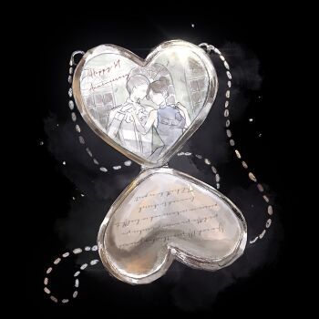 2girls blue_dress brown_hair chain cuffs cursive dress faceless fog hair_bun halter_dress halterneck holding_hands jewelry light_particles locket mei_mezu multiple_girls object_focus original pendant still_life