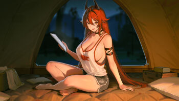 1girl 95_(jiuwujiang) antenna_hair black_choker black_horns black_shorts breasts camping choker commentary dolphin_shorts english_commentary goddess_of_victory:_nikke hair_flaps hair_intakes highres holding holding_tablet_pc horns large_breasts log long_hair looking_at_viewer mechanical_horns open_mouth red_hair red_hood_(nikke) shorts sideboob sitting smile solo tablet_pc tank_top tent tent_interior tree very_long_hair white_tank_top