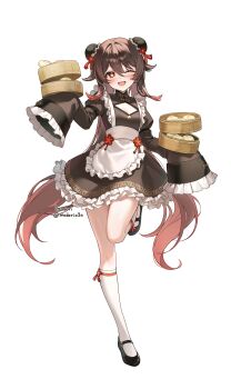 1girl absurdres alternate_costume apron black_dress black_shoes breasts bun_cover cleavage commentary_request double_bun dress flower-shaped_pupils food full_body genshin_impact hair_between_eyes hair_bun highres hu_tao_(genshin_impact) kneehighs long_hair long_sleeves looking_at_viewer modori_(modorio3o) one_eye_closed open_mouth red_eyes shoes signature simple_background small_breasts smile socks solo steamed_bun symbol-shaped_pupils twintails twitter_username very_long_hair white_apron white_background white_socks wide_sleeves