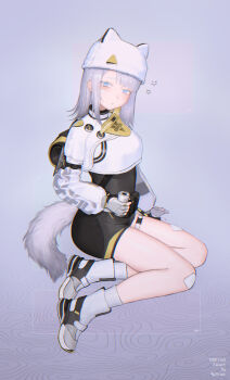 Rule 34 | 1girl, absurdres, animal ears, arknights, arknights: endfield, blue eyes, cat ears, cat girl, cat tail, commentary request, estella (arknights), fingerless gloves, full body, gloves, gradient background, grey background, grey gloves, grey hair, hat, highres, looking at viewer, medium hair, shoes, shupianmao, simple background, solo, tail, white hat
