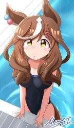 Rule 34 | 1girl, absurdres, animal ears, blush, breasts, collarbone, commentary request, hair between eyes, hair ornament, hairclip, highres, horse ears, horse girl, horse tail, looking at viewer, matikane tannhauser (umamusume), matty (matsutomo), medium breasts, medium hair, open mouth, pool, school swimsuit, signature, solo, swimsuit, tail, umamusume, wet, yellow eyes