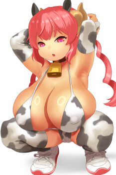 1girl absurdres animal_ears animal_print armpits bell bikini breasts bridal_gauntlets brown_collar collar commentary_request cow_ears cow_print cow_print_bikini cow_print_bridal_gauntlets cow_print_thighhighs cowbell curled_horns dragon_horns drill_hair fake_animal_ears full_body highres horns huge_breasts ilulu_(maidragon) kobayashi-san_chi_no_maidragon narisokonai pink_hair print_bikini print_bridal_gauntlets print_thighhighs purple_eyes shoes shortstack sneakers solo squatting swimsuit thighhighs twin_drills white_shoes