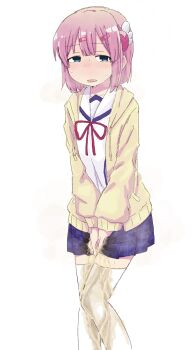 1girl between_legs blue_eyes blue_skirt blush breath chiyoda_momo drawstring embarrassed female_focus hair_ornament hairclip half-closed_eyes hand_between_legs hood hood_down hooded_jacket jacket long_sleeves looking_at_viewer machikado_mazoku miniskirt neck_ribbon nose_blush open_mouth own_hands_together pee peeing peeing_self pink_hair plaid_clothes plaid_skirt pleated_skirt pocket ponnu_(tnpn2yw) raised_eyebrows red_ribbon ribbon school_uniform shirt short_hair sidelocks skirt solo standing steam sweat thighhighs v_arms wet wet_clothes wet_skirt wet_thighhighs white_shirt white_thighhighs yellow_jacket