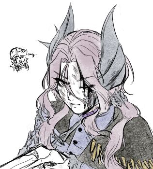 1girl black_cape blue_jacket cape chibi chibi_inset dirty dirty_face grey_eyes grey_hair grey_horns gun hand_up highres holding holding_gun holding_weapon horns jacket long_hair maytheepicgamer military_uniform one_eye_closed parted_lips petrification portrait reverse:1999 sentinel_(reverse:1999) solo weapon white_background