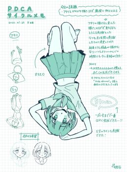 1girl absurdres arms_up blush commentary_request dosukoi_(nagihoko) graph_paper green_theme highres midriff monochrome navel original pleated_skirt ponytail sailor_collar school_uniform serafuku short_hair skirt