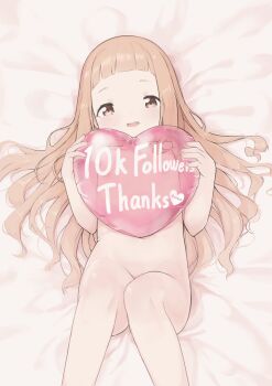 1girl balloon bed blonde_hair blunt_bangs brown_eyes brown_hair commentary completely_nude convenient_censoring english_commentary flat_chest heart_balloon highres ichihara_nina idolmaster idolmaster_cinderella_girls loli long_hair looking_at_viewer lying milestone_celebration navel nipples nude on_back on_bed open_mouth rainnico smile very_long_hair