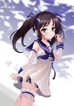 Rule 34 | 1girl, black hair, blush, commentary request, detached sleeves, dress, expressionless, frilled thigh strap, grey eyes, highres, idolmaster, idolmaster cinderella girls, long hair, looking at viewer, sailor collar, sailor dress, shin fuj, sky, solo, tachibana arisu, thigh strap, twintails