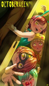 1boy 2025 20s 4girls animal_ears animal_hood animal_mask black_mask blonde_hair blue_bow blue_bowtie blue_leotard blush born-to-die bow bowtie breaking_and_entering brown_eyes cat_mask character_hood clown clown_nose cosplay detached_collar domino_mask door eye_mask facepaint fake_animal_ears fangs flat_chest gen_1_pokemon green_hair grey_shirt grin halloween halloween_costume highres hood hoodie leotard loli long_hair long_sleeves looking_at_viewer mask multiple_girls nintendo october open_mouth original pikachu pikachu_(cosplay) pikachu_costume pikachu_hood playboy_bunny pokemon rabbit_ears reaching reaching_towards_viewer red_hair shirt short_hair skull smile standing sweat tank_top teeth wrist_cuffs yellow_eyes yellow_hoodie