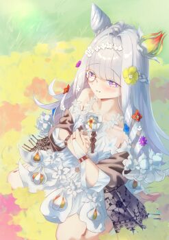 1girl absurdres bare_shoulders blue_flower bridal_gauntlets commentary_request cone_hair_bun dress fate/grand_order fate_(series) fingernails flora_(fate) flower flower_hairband grey_hair hair_bun hair_flower hair_ornament highres long_hair looking_at_viewer monocle purple_eyes red_flower smile solo symbol-shaped_pupils watashiro87 white_dress yellow_flower