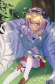 >:( 1girl absurdres against_tree ahoge animal_ear_hairband animal_ears black_flower black_rose blue_cardigan blunt_bangs blush brown_shoes byakko_(heaven_burns_red) cardigan closed_mouth commentary_request convenient_leg dappled_sunlight day eyelashes eyes_visible_through_hair fake_animal_ears flower flowingcrescent foot_out_of_frame frown grey_hair gun hair_flower hair_ornament hairband handgun heaven_burns_red highres holding holding_gun holding_stuffed_toy holding_weapon huge_ahoge knee_up loafers looking_at_viewer minase_sumomo miniskirt on_grass outdoors pantyhose plaid_clothes plaid_skirt pleated_skirt purple_eyes red_skirt ribbon-trimmed_pantyhose rose sailor_collar shoes short_hair sitting skirt sleeves_past_wrists solo stuffed_animal stuffed_tiger stuffed_toy sunlight tiger tree v-shaped_eyebrows weapon white_flower white_pantyhose white_sailor_collar white_tiger