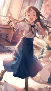 apron blue_eyes bookshelf carpet center_frills closed_eyes drawer floral_print frills gakuen_idolmaster game_cg hiwatari_kanae idolmaster juo_sena kuramoto_china long_skirt neck_ribbon official_art open_mouth pointing profile puffy_sleeves ribbon skirt