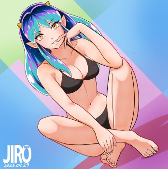 1girl artist_logo barefoot bikini black_bikini breasts cleavage collarbone cone_horns dated dutch_angle finger_to_mouth full_body green_hair highres horns jirohhb logo long_hair looking_at_viewer lum navel pointy_ears sidelocks sitting solo swimsuit urusei_yatsura
