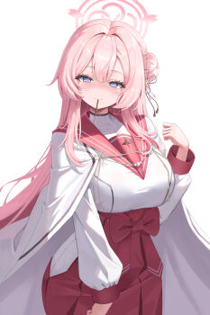 1girl absurdres black_trim blue_archive blue_eyes blush bow braid breasts bun_with_braided_base cape chihaya_(clothing) closed_mouth commentary covered_collarbone double-parted_bangs food food_in_mouth hair_between_eyes hair_bun hair_intakes hair_ornament hakama hakama_short_skirt hakama_skirt halo hand_up highres japanese_clothes large_breasts light_particles light_smile long_hair long_sleeves looking_at_viewer miko mimori_(blue_archive) mouth_hold pink_hair pink_halo pink_pupils pocky pocky_in_mouth red_bow red_sailor_collar red_skirt sailor_collar school_uniform serafuku sidelocks simple_background single_hair_bun single_side_bun single_sleeve_past_wrist sisong skirt solo sweatdrop symbol-only_commentary tassel tassel_hair_ornament very_long_hair waist_bow white_background white_cape white_trim