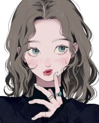 Rule 34 | 1girl, artist name, blue eyes, brown hair, closed mouth, dated, finger to cheek, fingernails, freckles, green nails, highres, jewelry, long hair, looking to the side, nail polish, original, portrait, ring, signature, simple background, solo, thinking, white background, yoshino ganko