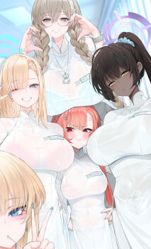 5girls :i ;d absurdres akane_(blue_archive) alternate_breast_size_(larger) alternate_costume alternate_hairstyle anger_vein ao_dai asuna_(blue_archive) asymmetrical_bangs black_hair blonde_hair blue_archive blue_eyes bra_visible_through_clothes braid breast_envy breast_rest breasts breasts_on_head brown_hair cleaning_&amp;_clearing_(blue_archive) commentary covered_navel dark-skinned_female dark_skin dishwasher1910 dress earrings english_commentary fingernails flower glasses grey_hair hair_flower hair_ornament hair_scrunchie half-heart_hands halo highres huge_breasts jewelry karin_(blue_archive) large_breasts long_hair looking_at_another looking_at_breasts looking_at_viewer medium_breasts millennium_science_school_logo multiple_girls nail_polish name_tag necklace neru_(blue_archive) nurse official_alternate_hairstyle one_eye_closed open_mouth orange_hair pants ponytail purple_halo red_eyes round_eyewear scrunchie smile surrounded_by_breasts teardrop_earrings toki_(blue_archive) twin_braids v very_long_hair vietnamese_clothes white_dress white_pants yellow_eyes