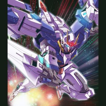 00_gundam 00_raiser commentary dual_wielding english_commentary gn_drive gn_sword green_eyes gundam gundam_00 highres holding holding_sword holding_weapon js_71535 mecha mecha_focus mobile_suit no_humans robot science_fiction solo sword v-fin weapon