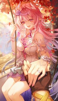 1boy 1girl absurdres arin_art autumn_leaves bare_shoulders black_gloves breasts caelus_(honkai:_star_rail) commentary_request cyrene_(demiurge)_(honkai:_star_rail) cyrene_(honkai:_star_rail) diamond-shaped_pupils diamond_(shape) dress earrings fingerless_gloves gloves highres holding_hands honkai:_star_rail honkai_(series) jewelry korean_commentary large_breasts leaf long_hair multicolored_hair on_swing pink_hair pointy_ears pov pov_hands purple_eyes ring smile swing symbol-shaped_pupils thighs trailblazer_(honkai:_star_rail) tree two-tone_hair very_long_hair wedding_ring white_dress white_hair
