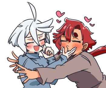 Rule 34 | 2girls, absurdres, be go ichi, blue sweater, blush, brown shirt, closed eyes, commentary request, gundam, gundam suisei no majo, hand on another's face, heart, highres, imminent hug, long hair, miorine rembran, multiple girls, open mouth, puckered lips, red hair, shirt, short hair, simple background, smile, suletta mercury, sweater, thick eyebrows, white background, white hair, yuri