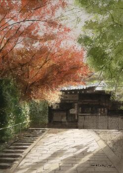 architecture artist_name autumn_leaves building commentary_request day east_asian_architecture highres leaf no_humans original outdoors painting_(medium) path road scenery shade shadow sunlight traditional_media tree watanabe_masato watercolor_(medium)