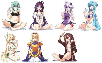 1boy 6+girls :o ahoge alice_zuberg aqua_eyes aqua_hair arm_support armor armored_dress artist_name asuna_(sao) asuna_(sao-alo) bare_arms bare_legs bare_shoulders barefoot bikini black_hair black_panties blonde_hair blue_eyes blue_hair blush body_armor bow bra bracelet breastplate breasts closed_eyes closed_mouth collarbone commentary_request crossed_legs dated dress elf fanning_self feet full_body gold_armor green_eyes green_trim hair_between_eyes hair_bow hair_ornament hairband highres hip_armor holding hot jacket jewelry kirito kirito_(sao-ggo) knight large_breasts leafa_(sao) long_hair looking_at_viewer medium_breasts multiple_girls navel o-ring o-ring_top open_clothes open_jacket open_mouth panties pointy_ears ponytail purple_dress purple_eyes purple_hair red_eyes red_hairband seiza shikei short_hair short_hair_with_long_locks shorts side-tie_bikini_bottom sidelocks simple_background sinon sitting sleeveless small_breasts smile sports_bra spread_legs stomach sweat swimsuit sword_art_online toes underwear underwear_only very_long_hair vocaloid voiceroid wariza wet white_background white_bikini white_hairband wristband yuuki_(sao) yuzuki_yukari