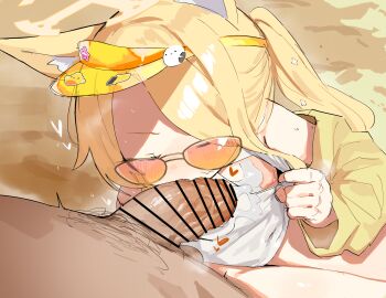 1boy 1girl animal_ear_fluff animal_ears blonde_hair blue_archive blush clothes_pull cum cum_on_body cum_on_chest fellatio flat_chest fox_ears fox_girl halo hetero highres jacket licking licking_penis liely loli long_hair nipples official_alternate_costume official_alternate_hairstyle one-piece_swimsuit one-piece_swimsuit_pull oral penis pulling_own_clothes seia_(blue_archive) seia_(swimsuit)_(blue_archive) stray_pubic_hair sunglasses swimsuit tinted_eyewear uncensored visor_cap white_one-piece_swimsuit yellow_jacket yellow_visor