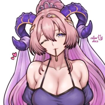 1girl artist_name bare_shoulders blush breasts cleavage closed_mouth collarbone commentary curled_horns dress english_commentary fire_emblem fire_emblem_heroes food food_in_mouth hair_between_eyes heart high_ponytail highres horns large_breasts long_hair looking_at_viewer nerthuz_(fire_emblem) nintendo one_eye_closed pink_hair pink_lips pocky pocky_day pocky_in_mouth ponytail purple_dress purple_eyes purple_horns rotomdocs simple_background smile solo tiara white_background yellow_horns
