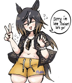 1girl alternate_costume animal_ears bead_bracelet beads black_shirt bracelet breasts brown_hair closed_eyes commentary_request english_text floral_print floral_print_shirt highres horse_ears horse_girl horse_tail jewelry multicolored_hair navel necklace notnoe_(dxcl) open_mouth shirt shorts simple_background solo speech_bubble stay_gold_(umamusume) streaked_hair tail umamusume v white_background yellow_shorts